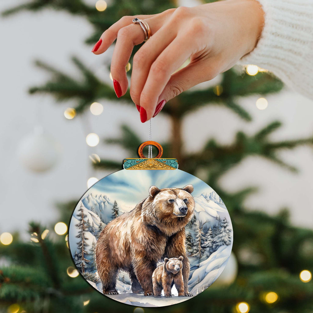 Grizzly Bear with Cub Wooden Ornaments by G.Debrekht - Wildlife Holiday Decor - 870070