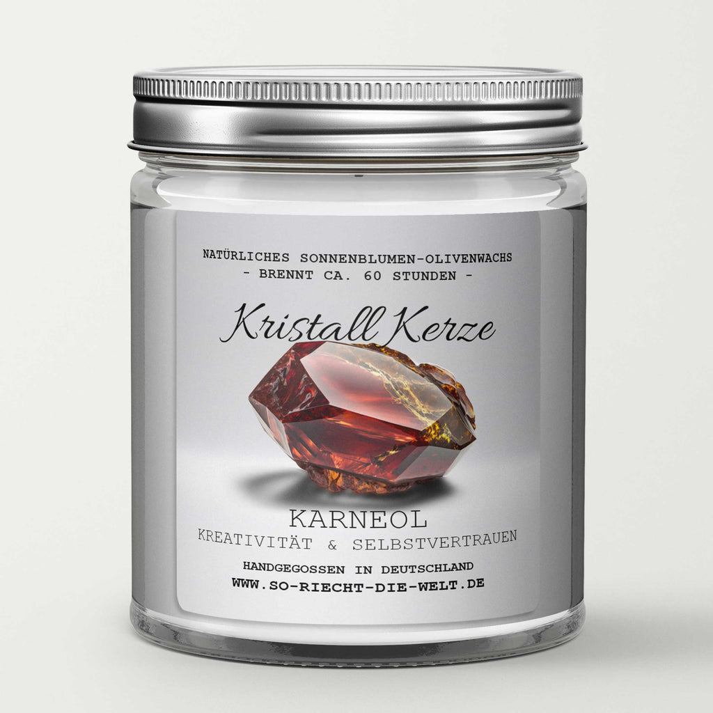 KREATIVITÄT & SELBSTVERTRAUEN - Karneol Kristall Duftkerze - Bergamotte | Kaschmir - Heilende Kerze, Edelsteine, Reiki, Kristall, Stein, Heilung, Reinigung, Meditation, Geschenk