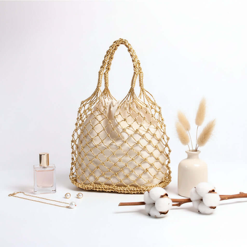 Straw woven beach bag for women gold color